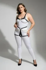 Plus Size Black Women's Leather Harness Set with Chain and Ring Details - SH1384