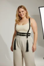 Plus Size Black Women's Belt Strap Corset Style Leather Body Accessory with Tassel Detail - SH1393 - Image 3