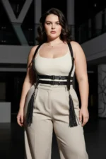 Plus Size Black Women's Belt Strap Corset Style Leather Body Accessory with Tassel Detail - SH1393 - Image 4