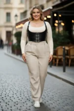 Plus Size Black Women's Corset with Belt Lace-up Detail and Leather Look - SH1428