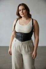 Plus Size Black Women's Corset with Belt Lace-up Detail and Leather Look - SH1428 - Image 3