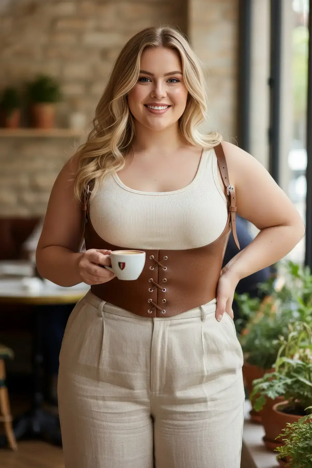 139570.webp Plus Size Women's Leather Corset with Belt, Shoulder Straps and Tie-Up - SH1428 - Image 1