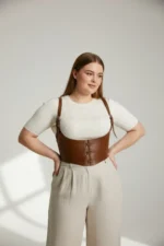 Plus Size Women's Leather Corset with Belt, Shoulder Straps and Tie-Up - SH1428 - Image 3