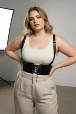 Plus Size Black Women's Leather Belted Shoulder Strap Lace-up Corset - SH1429