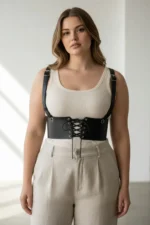 Plus Size Black Women's Leather Belted Shoulder Strap Lace-up Corset - SH1429 - Image 3