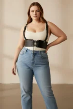 Plus Size Black Women's Leather Belted Shoulder Strap Lace-up Corset - SH1429 - Image 4
