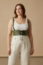 Plus Size Khaki Women's Belted Shoulder Strap Tie-Up Corset Style - SH1429