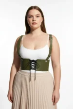 Plus Size Khaki Women's Belted Shoulder Strap Tie-Up Corset Style - SH1429 - Image 3