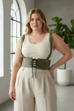 Plus Size Khaki Women's Belted Shoulder Strap Tie-Up Corset Style - SH1429 - Image 5