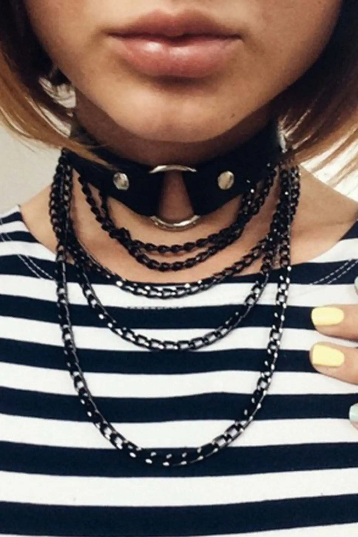 Siyah Deri Metal Halka ve Katlı Zincirli Choker Kolye SH664