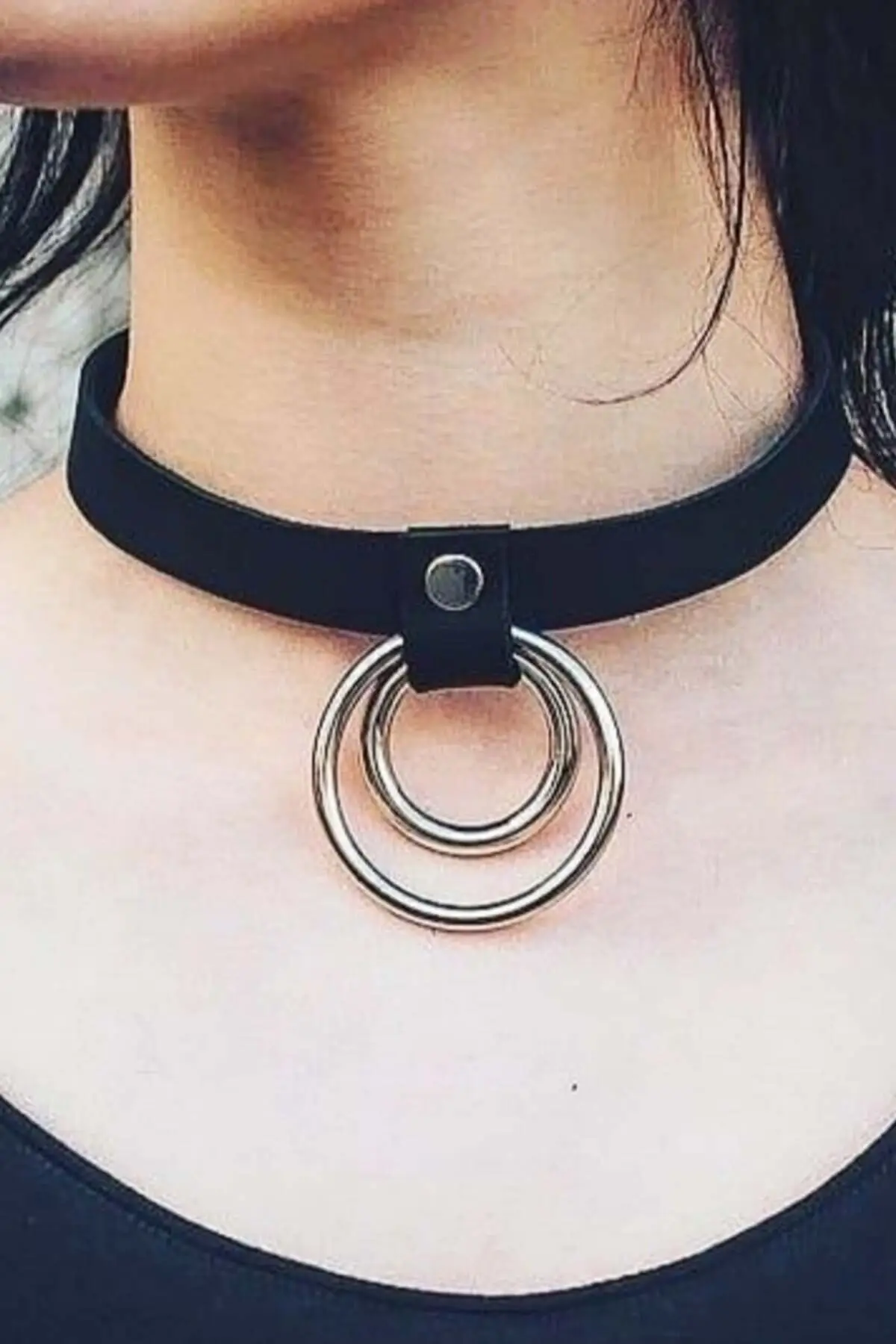 Siyah Deri Çift Halka Detaylı Choker SH685