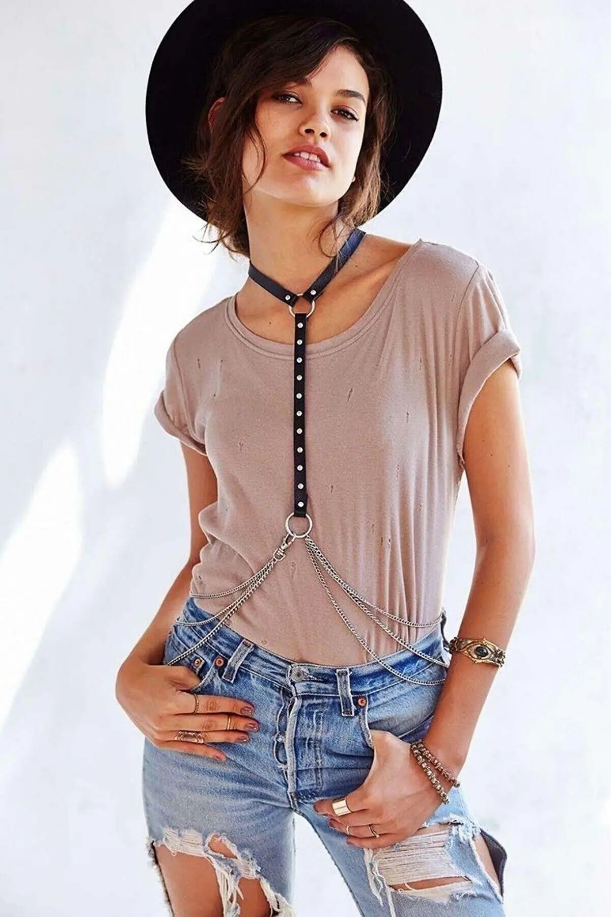 Leather Neck Harness with Stud and Chain Details - SH840